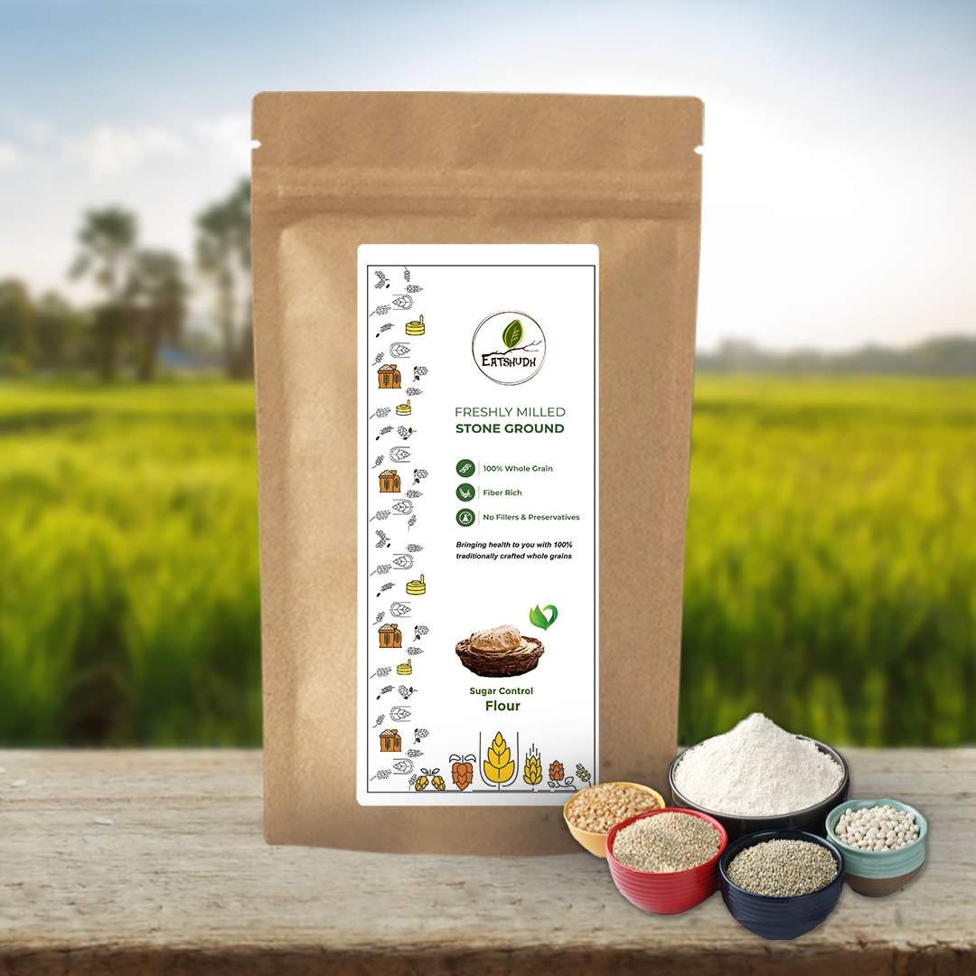 We understand our bodies are different and require correct nutrition to remain fit and healthy. EatShudh’s Sugar Control  Aata helps release sugar slowly in the body and thus helps people with diabetes to lead a healthy life. It has a fine blend of Maize, Oats, Barley, Jowar, Bengal Gram, and Wheat.